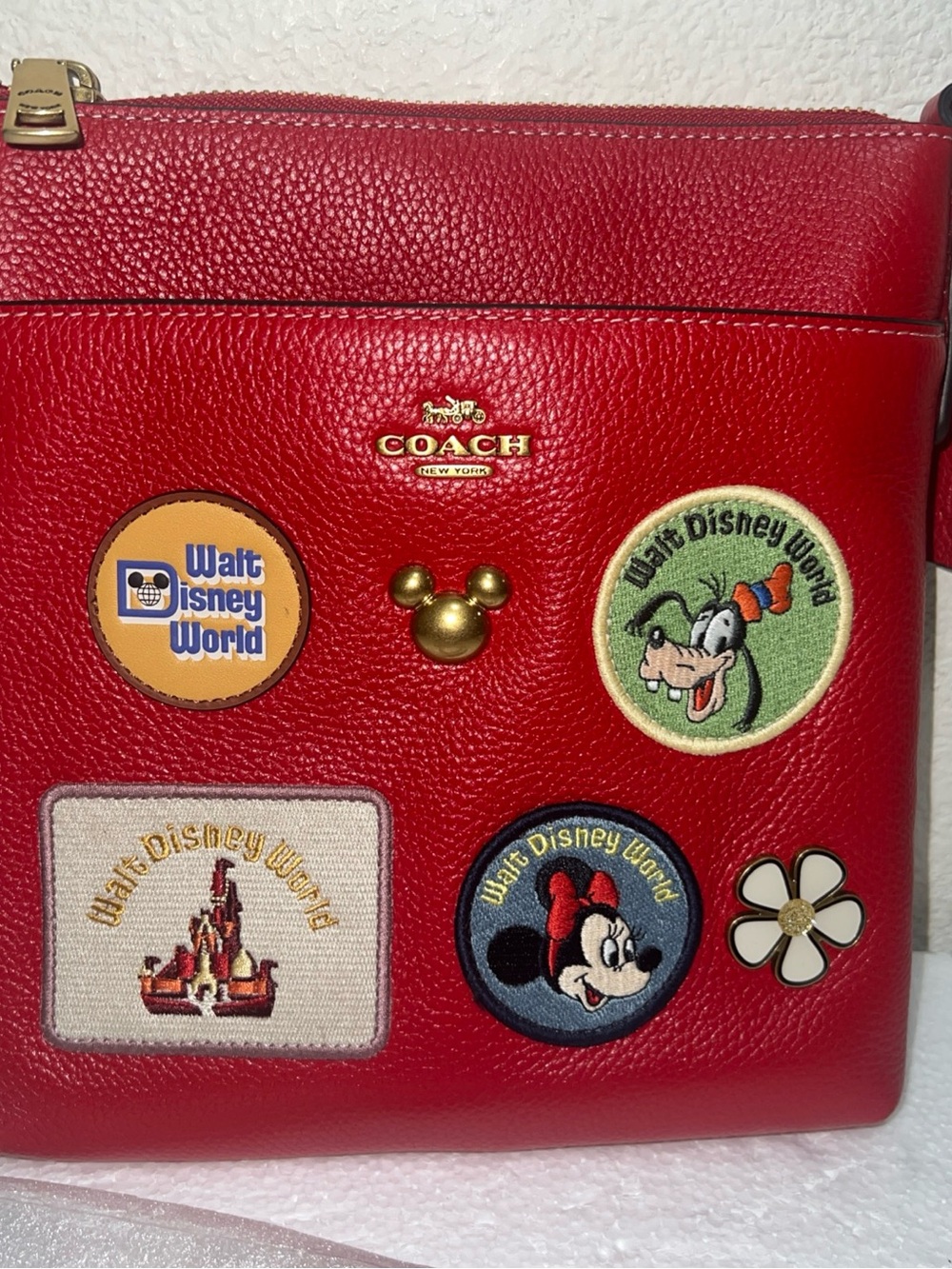 COACH X Disney Kitt Messenger Crossbody Bag In Leather Electric Red